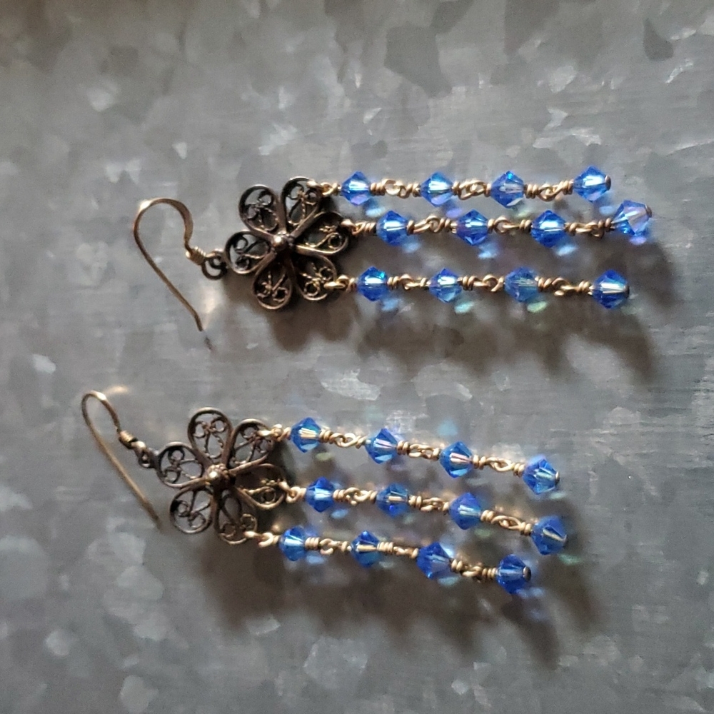 Vintage Sterling Silver Chandelier Blue Crystal Earrings